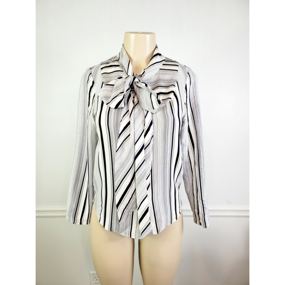Alice and Olivia Navy Combo Tie Neck Blouse XS